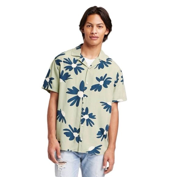Original Use Mens Green Floral Short Sleeve Button-Down Shirt Multi - Picture 1 of 9